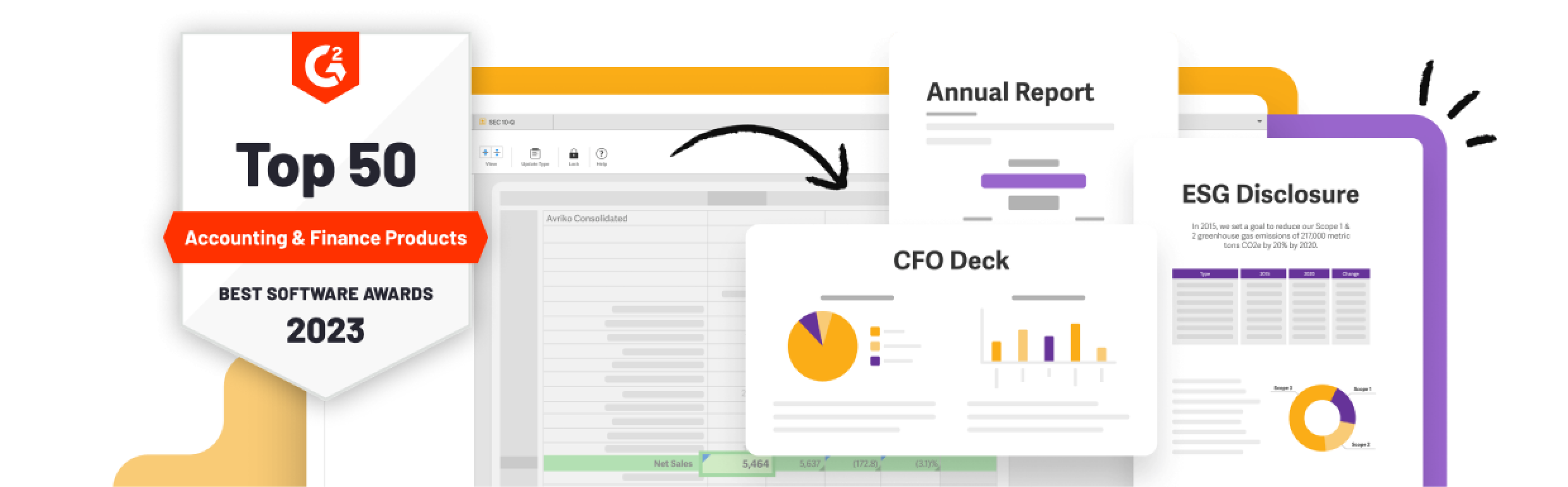 Dashboard depicting Annual Reporting, CFO Decks, and a badge with G2 recognition for Top 50 Accounting and Finance Products