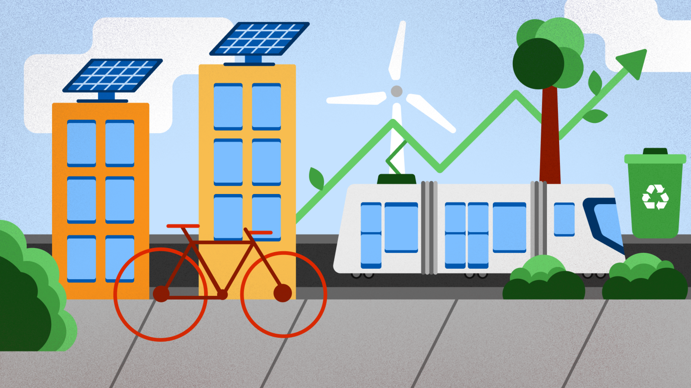 green energy display of buildings with solar panels, a bicycle, a train, a windmill, and recycling bin