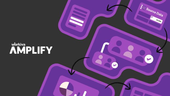 Purple shapes representing people, graphs, reports, charts, connecting