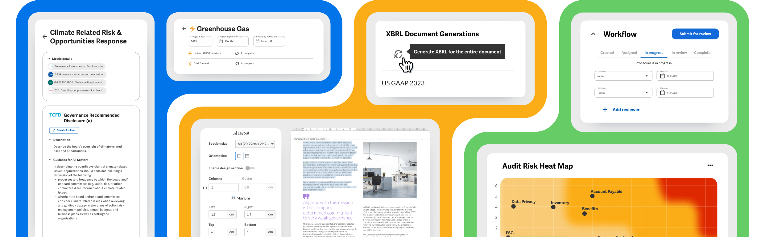 image showing financial reports, esg reports, and grc reports in the workiva platform