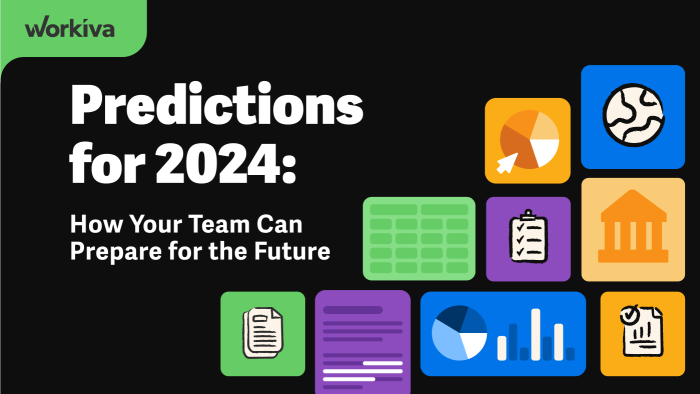 The title states "Predications for 2024: How Your Team Can Prepare for the Future." To the right of that are graphics representing a globe, a pie chart, a columned building, documents, bar graphs 